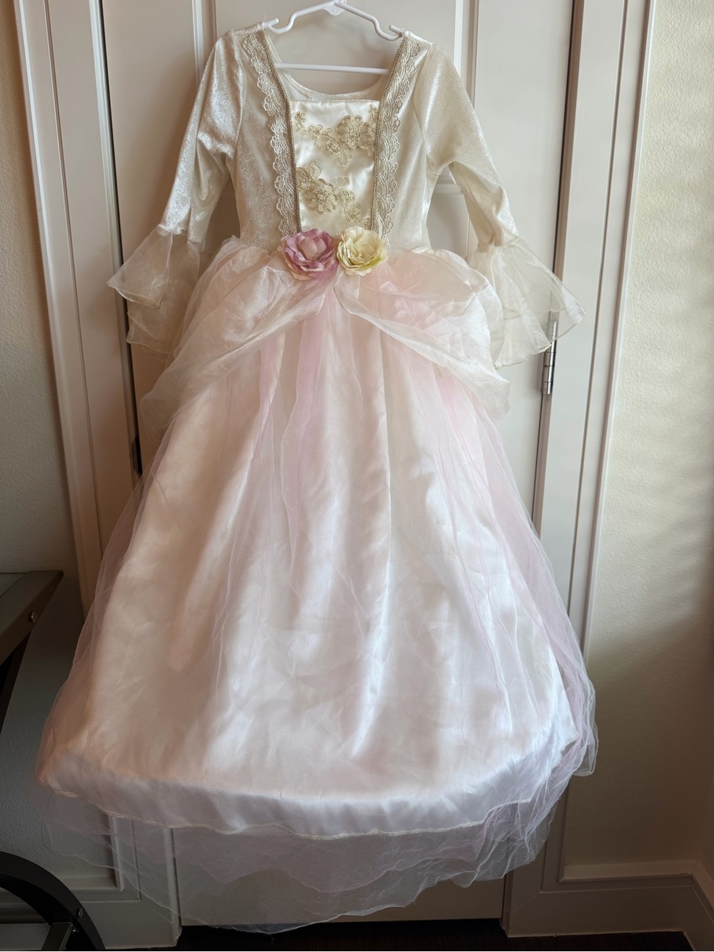 Girls Ivory and Pink Princess Costume Dress with Floral Waist Detail